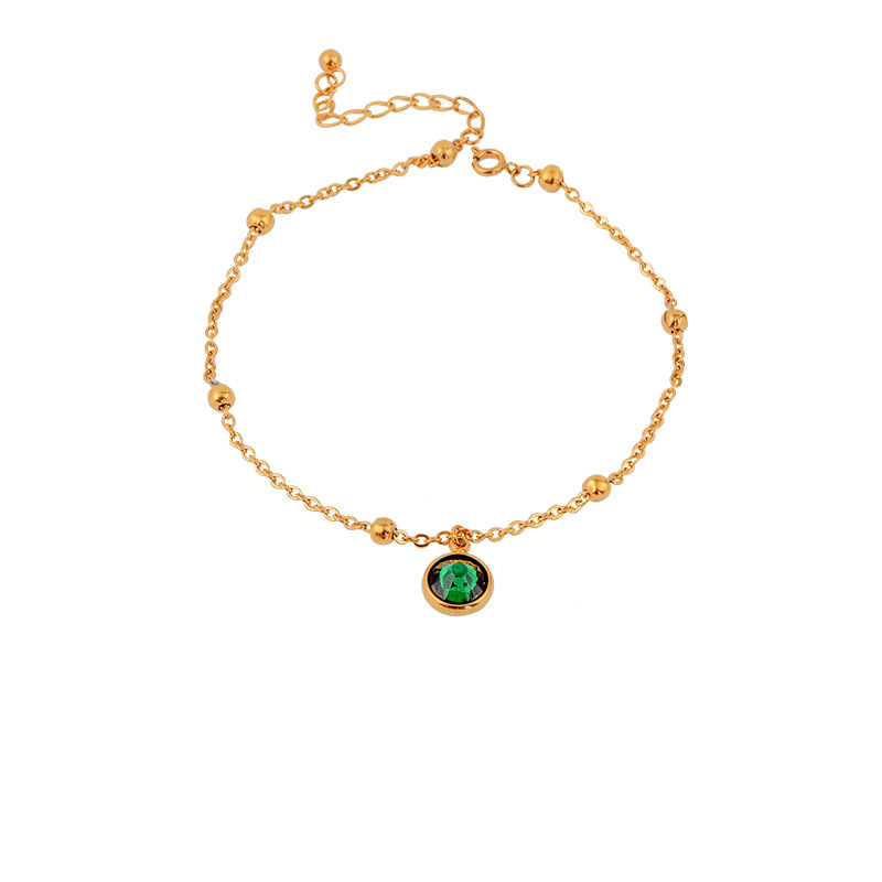 Dainty Gold Anklet with Green Crystal Pendant and Beaded Chain